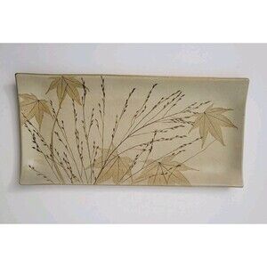 KALEIDOSCOPE POTTERY Rectangular Tray Beige Botanical Leaf Design Stoneware